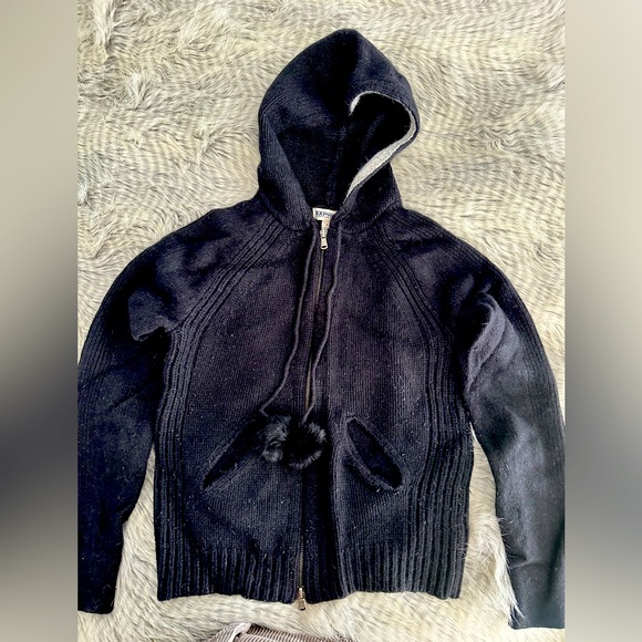 EUC 🌟Express Wool Blend Zip-up Hoodie w/ Real Rabbit Fur Hood Pompoms Sz. M - Picture 1 of 5